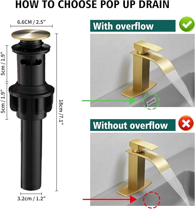 Hoimpro Brushed Gold Waterfall Spout Single Hole Bathroom Faucet, Stainless Steel Single Lever Bathroom Vanity Sink Faucet with Drain, cUPC Hose and Deck Plate