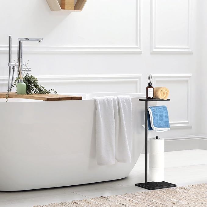 Black Toilet Paper Holder Stand Free Standing Toilet Paper Holder with Shelf Toilet Paper Storage Holder with Reserve for Bathroom Holds Wipe, Mobile Phone, Mega Rolls