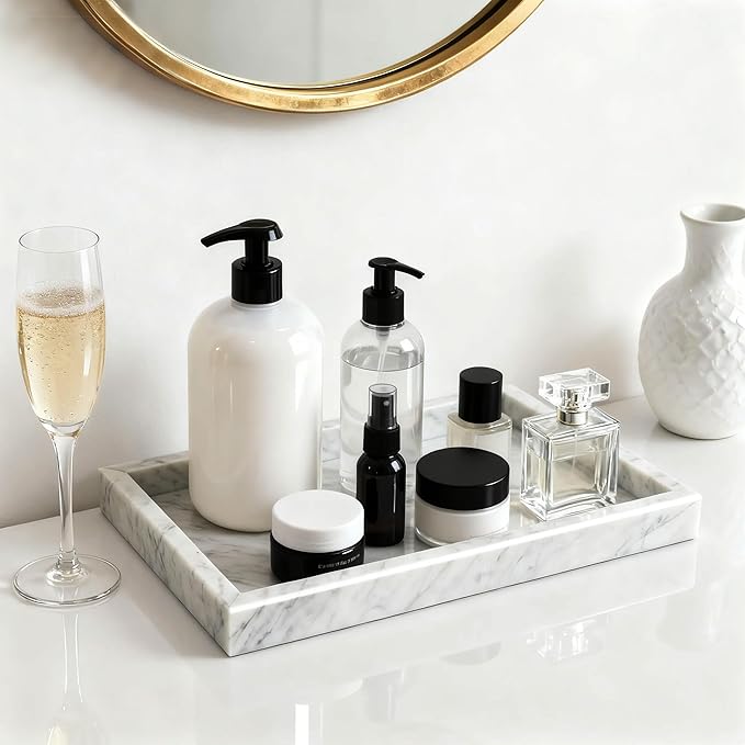 12"x8" Marble Tray White Rectangular Bathroom Tray countertop, Vanity & Kitchen | Includes Mirror Wiper and Wash Towel | Decorative Organizer for Perfume, Jewelry & Home Decor