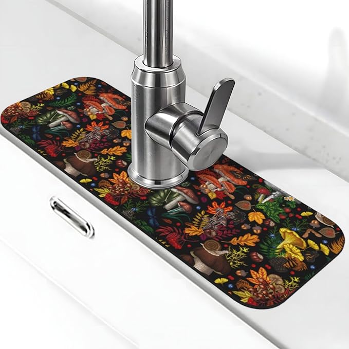 Mushroom Forest Butterfly Kitchen Sink Splash Guard Faucet Mat 1 Pcs, Absorbent Fast Drying Mat Gadgets Splash Guard For Bathroom 15 X 5.5 Inches