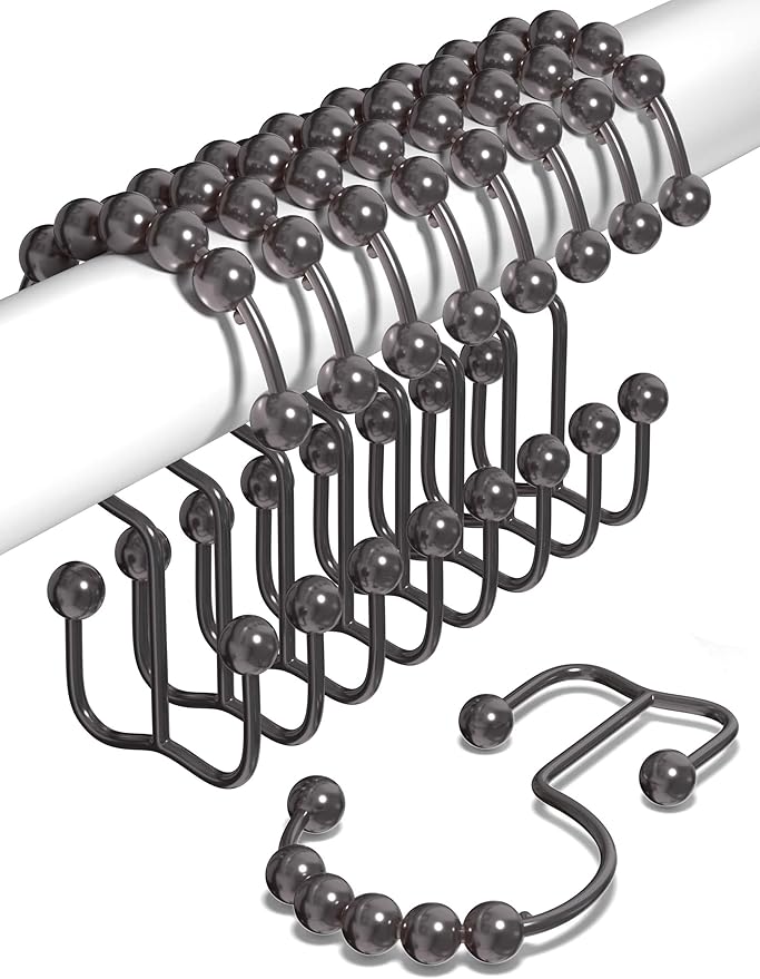 Shower Curtain Hooks Rust Proof (Set of 12) - Stainless Steel Shower Curtain Rings - Anti Slip Roller Balls for Easy Glide (Double Anchor Hooks, Bronze)