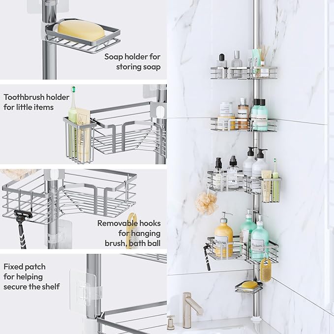 SWTYMIKI Shower Caddy Tension Pole - 4-Tier Corner Shower Organizer Tension Rod with Soap Holder, Toothbrush Holder & 4 Hooks, Adjustable Stainless Steel Bathroom Organizer 27.6 to 108.3 inch, Silver