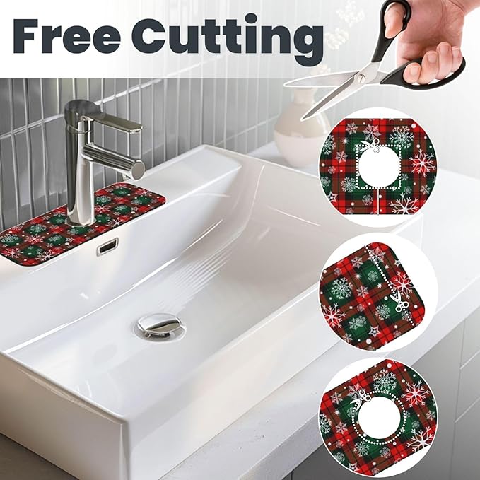 Merry Christmas Snowflakes Red Green Lattice Plaid Kitchen Sink Splash Guard Faucet Mat 1 Pcs, Absorbent Fast Drying Mat Gadgets Splash Guard For Bathroom 15 X 5.5 Inches