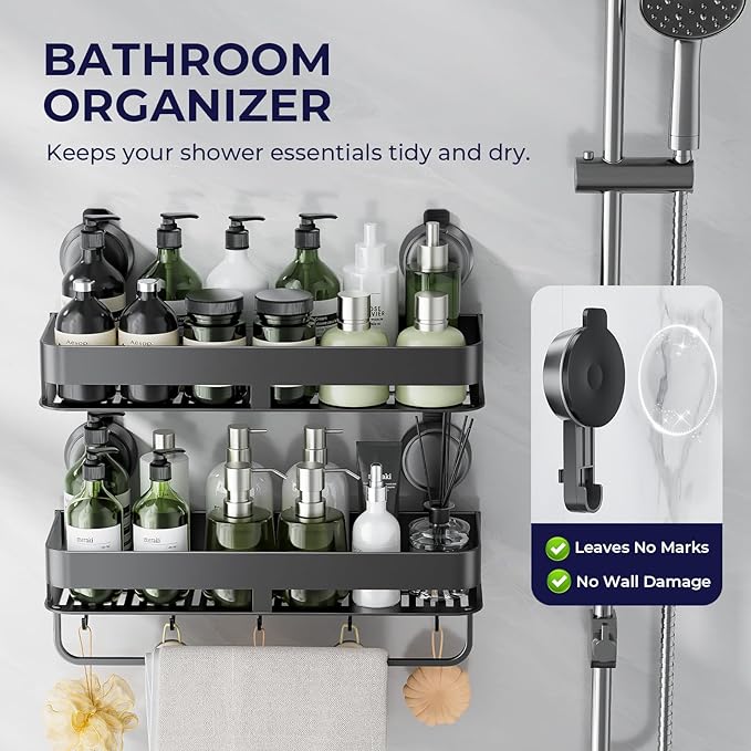 ONXE Shower Caddy Suction Cup,2 Pack Extra-Strong Suction Shower Shelves,No Drilling Rustproof Organizer for Bathroom,Kitchen,Home Decor,Reusable Bathroom Storage with Large Capacity(15.7 inch)