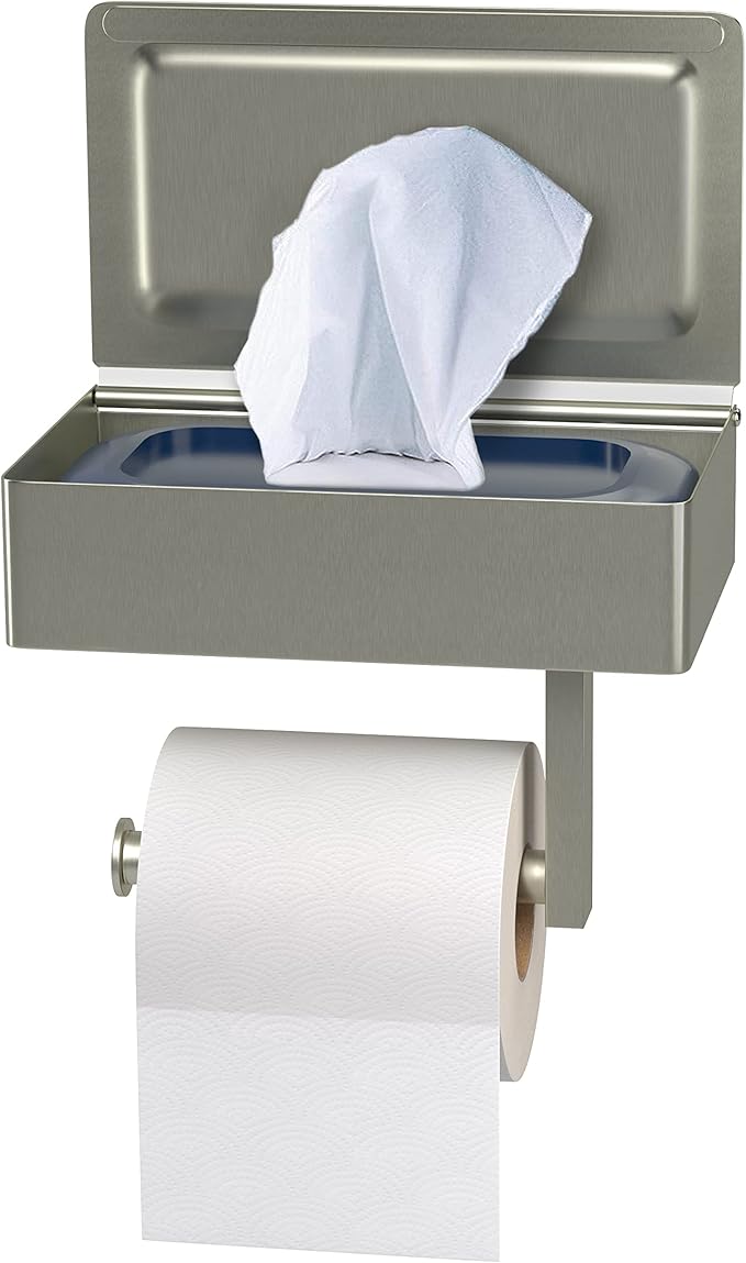 Brushed Nickel Toilet Paper Holder Wall Mounted with Shelf & Wipes Storage – Stainless Steel SUS304 Modern Toilet Tissue Roll Holder for Bathroom, Kitchen – Adhesive and Screw Installation