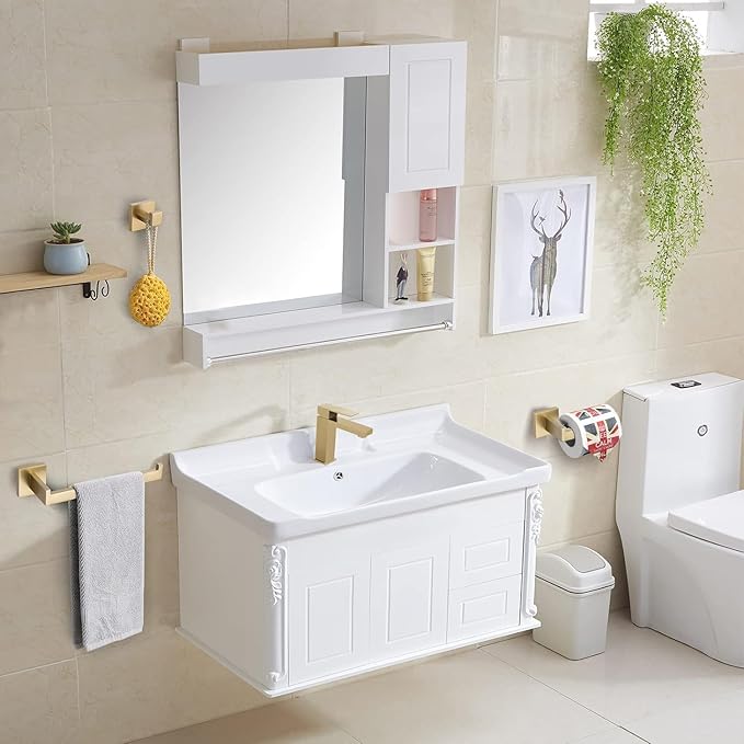 TURS Brushed Gold 4-Pieces Bathroom Hardware Set Towel Bar Set Include 16 Inch Single Towel Bar Towel Holder Toilet Paper Holder Towel Wall Mounted Robe Hook, Stainless Steel