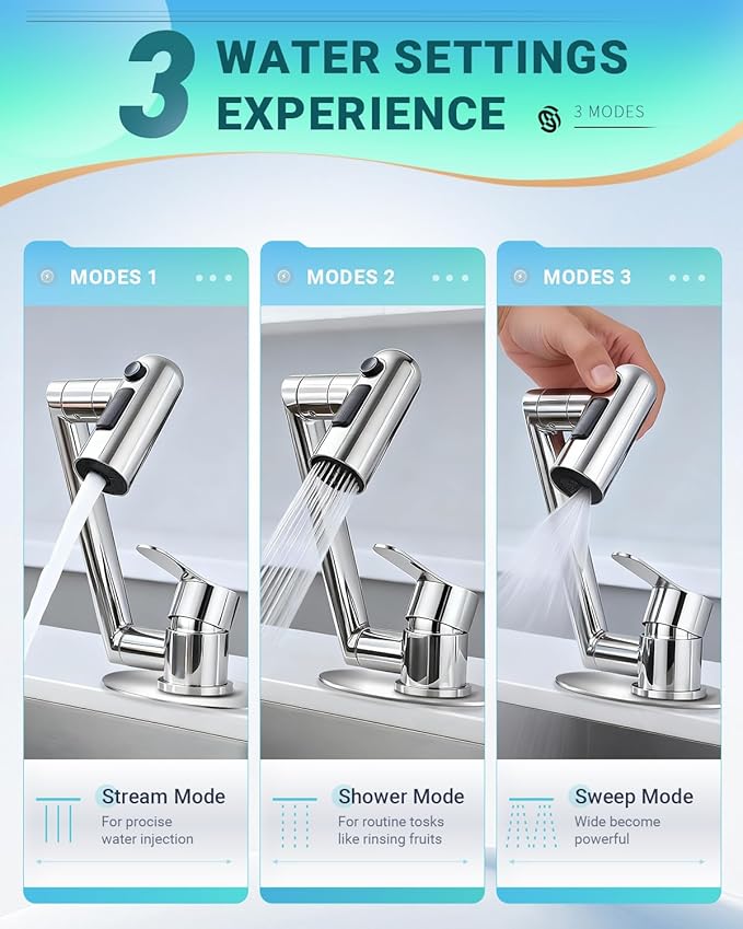 Single Handle Bathroom Faucet, 1080° Swivel Rotatable Faucet with 6'' Deck Plate, Short Bath Sink Faucets for Kitchen Rv Bath Lavatory Sink 1 or 3 Hole, Chrome