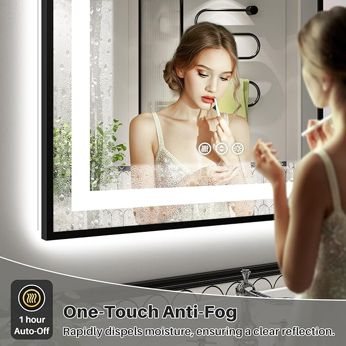 72x40 Inch LED Bathroom Mirror with Black Frame, Backlit & Front Lit, Anti-Fog Lighted Bathroom Vanity Mirror for Wall, Memory Function, Dimmable, HD Tempered Glass, Shatter-Proof