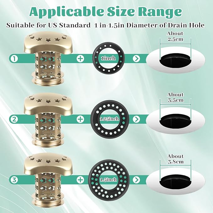 Bathtub Drain Hair Catcher Push Stopper,Stainless Steel Tub Drain Protector,Suitable for US Standard 1in-1.5in Diameter of Drain Hole (Brushed Gold)