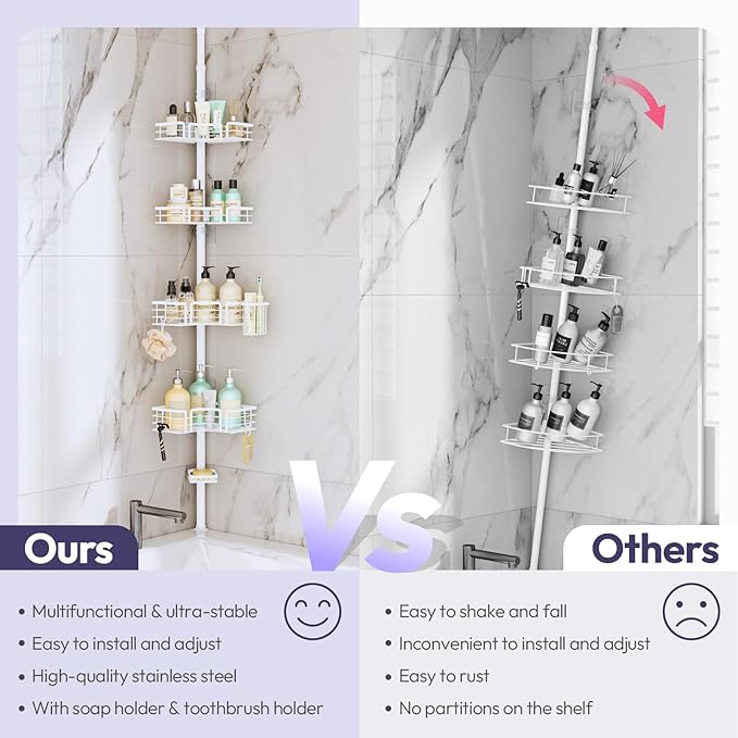 SWTYMIKI Shower Caddy Tension Pole - 4-Tier Corner Shower Organizer Tension Rod with Soap Holder, Toothbrush Holder & 4 Hooks, Adjustable Stainless Steel Bathroom Organizer 27.6 to 108.3 inch, White
