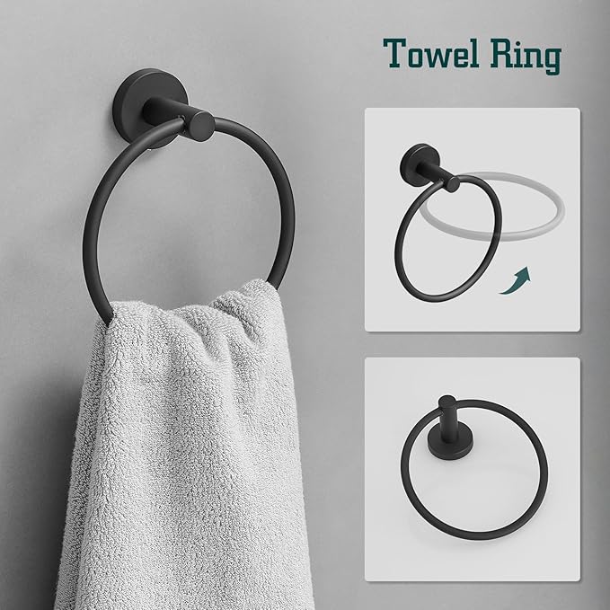 5Pcs Bathroom Hardware Set, Towel Racks for Bathroom Wall Mount, Stainless Steel Towel Bar Set with Toilet Paper Holder Hand Towel Holder Robe Hook Accessory Kit, Matte Black