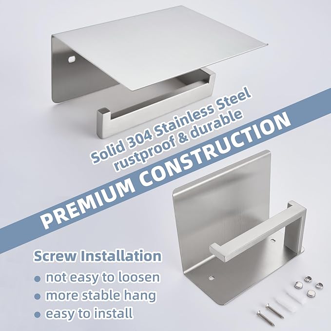 APLusee Brushed Nickel Toilet Paper Holder with Shelf, Left Side 304 Stainless Steel Tissue Roll Hanger, Wall Mounted