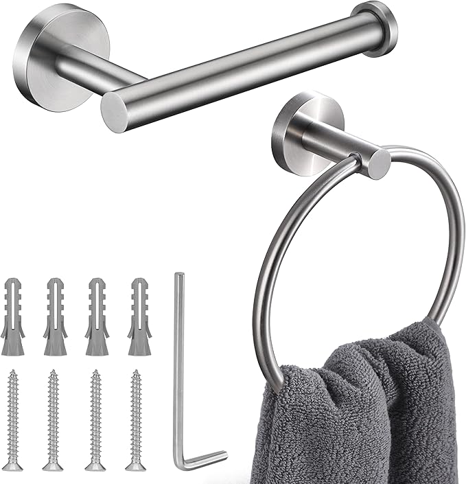 Brushed Nickel Toilet Paper Holder and Hand Towel Ring Set 2 Pieces Bathroom Hardware Accessories Set SUS 304 Stainless Steel Heavy Duty Wall Mounted Bathroom Holder…