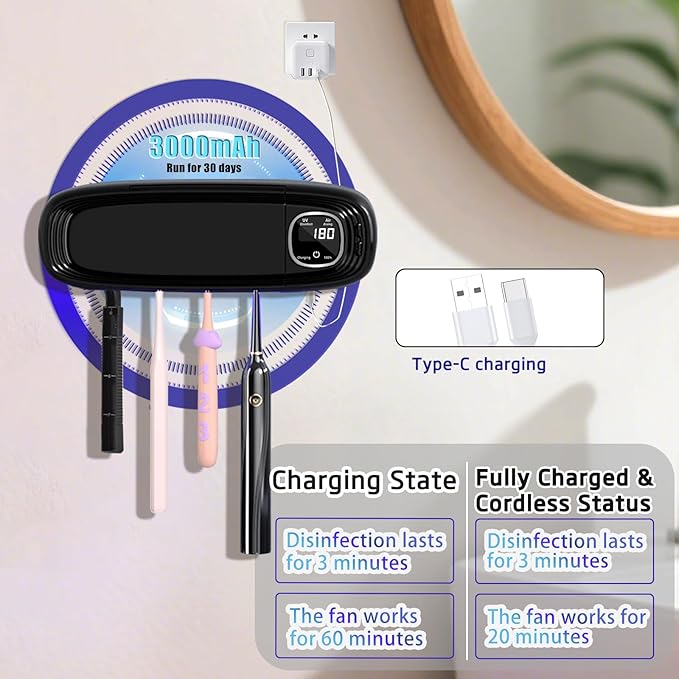 Wall Mounted Toothbrush Holders for Bathrooms, 4 Slots UV Toothbrush Sanitizer and Holder with Air Drying 3000mAh Rechargeable Cordless UV Toothbrush Cleaner with Timer Function & No Drilling (Black)