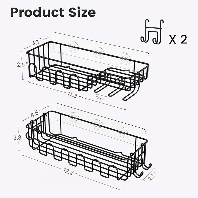 Adhesive Shower Caddy: 2 Bonus Hooks, 4-Pack Wall Mounted Bathroom Storage Shelf, Rustproof Metal Basket Organizer for Kitchen & Bathroom Drill Free Black