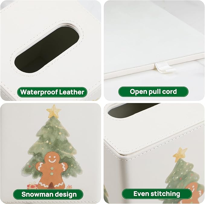 PU Leather Tissue Box Cover Square Tissue Box Holder with Magnetic Closure (Christmas Style)