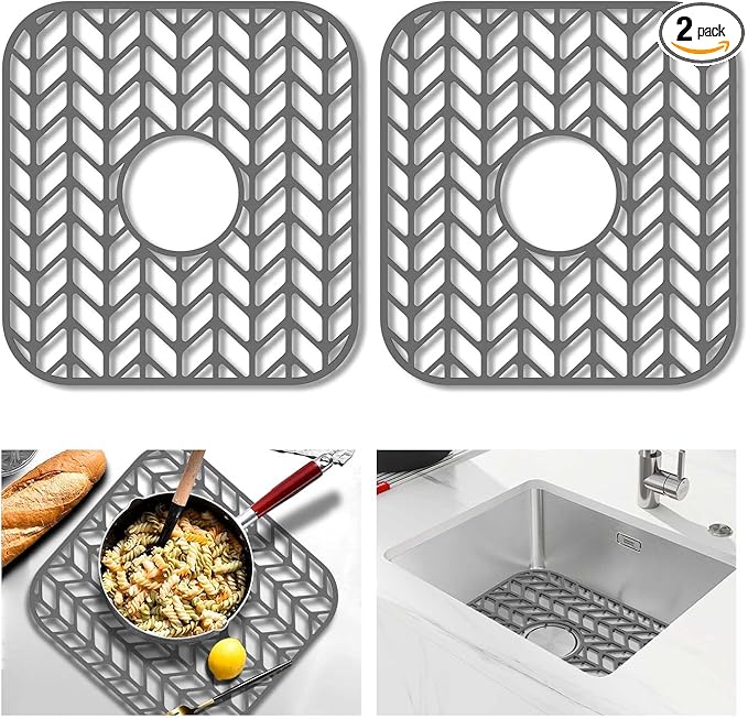 GUUKIN Sink Protectors for Kitchen sink, 12.25"x 11.5" Folding Non-slip Silicone Sink Mat Grid for Bottom of Farmhouse Stainless Steel Porcelain with Central Hole Pack of 2
