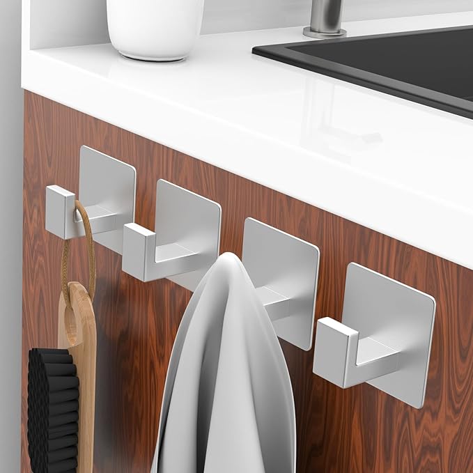 PMMASTO Adhesive Hooks Towel Hooks - 2 Pack Aluminum Wall Hooks Towel Hanger Shower Hook for Bathroom, Bedroom and Kitchen-Silver