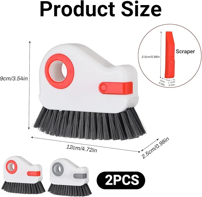 2 PCS Groove Cleaning Brush, 2 in 1 Window Track Cleaning Tool Crevice Cleanings Brush Multifunction Hard Bristle with Hidden Scraper Grout Cleaner Grip Brushes for Slid Door Track Window Sill