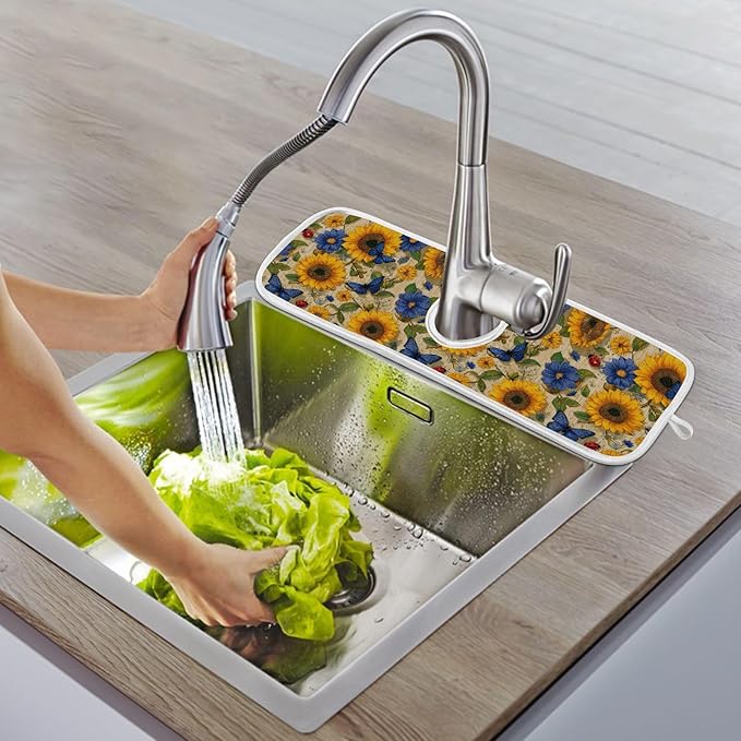 2 PCS Kitchen Sink Splash Guard 14.9 Inch Faucet Mat for Kitchen Sink Bathroom Sink Faucet Absorbing Drip Drain Mat Pad Microfiber Soft Washable Vintage Beige and Blue Sunflowers Butterflies