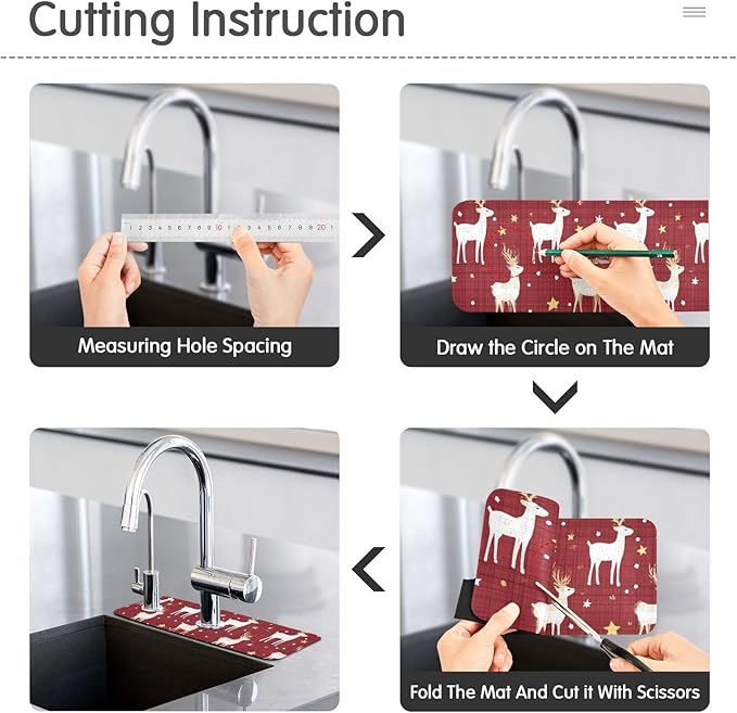 Kitchen Sink Splash Guard 1 PC 14.7 Inch Sink Faucet Mat Splash Guard for Bathroom Countertop Water Absorbent Foldable Cuttable Soft Washable Red Christmas Reindeer Star Dots