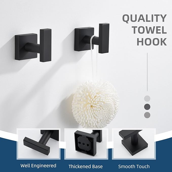 Angle Simple Matte Black Towel Hooks, SUS 304 Stainless Steel Bathroom Wall Hooks for Towel, Robe Coat Holder, 4 Pack
