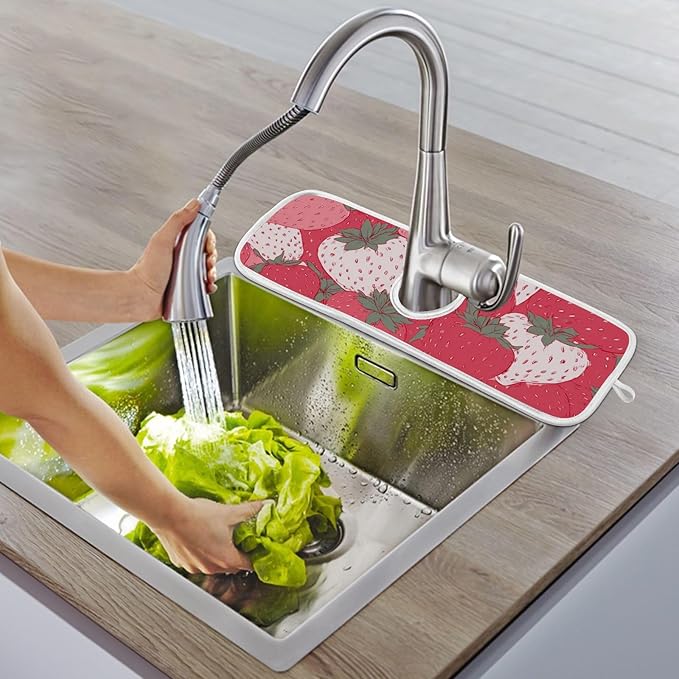 Sink Faucet Absorbing Mat Kitchen Sink Splash Guard Splash Faucet Drip Catcher for Bar RV Bathroom 2PCS 23.6x5.5in Pink White Strawberries Flowers