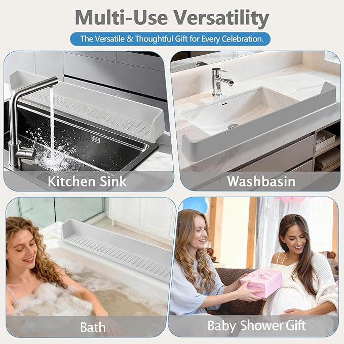 2.6-Ft Bathtub Splash Guard for Tub Kids, Silicone Splash Shield with 11 Suction Cups, Toy Tray Shelf, No Spill Water Barrier, Prevents Mess, Fun Bathtime for Toddlers Baby–Gray