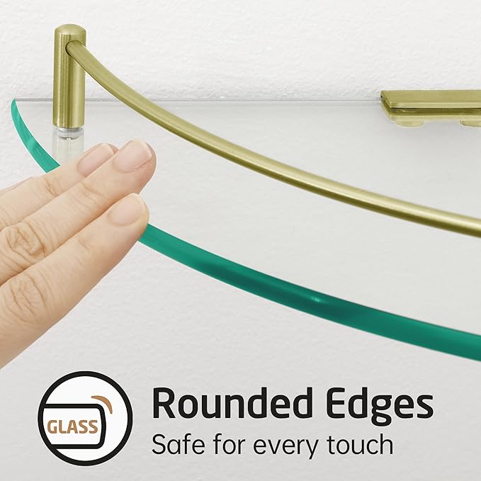 KES Glass Corner Shelf Bathroom Shelf Tempered Glass with Rail SUS 304 Stainless Steel Floating Wall Mount Bracket Brushed Gold, BGS2101A-BZ