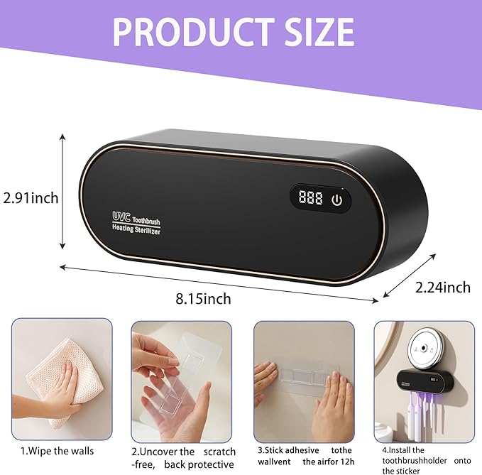 Toothbrush Holders for Bathrooms,Electric Toothbrush Holder with 24-Hour Smart Cycle Cleaning and hot air Drying, LED Display, Rechargeable Wall Mounted Tooth Brushing Holder (Black)
