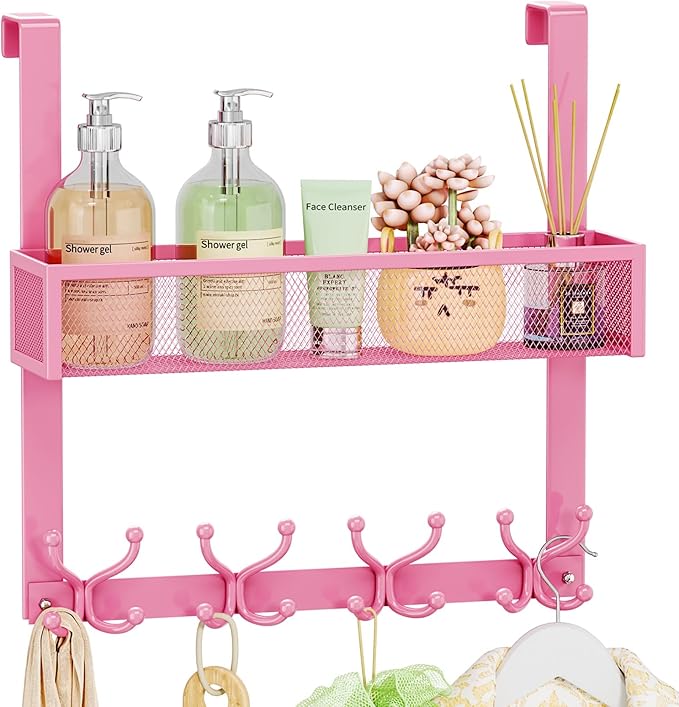 SWTYMIKI Over The Door Hook with 16 Hooks & Mesh Baskets - Heavy Duty Over The Door Organizer Hanger for Towels, Coats, Clothes - Space Saving Hanging Rack for Bathroom, Living Room, Pink