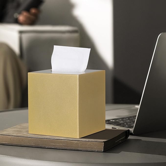 Metal Square Tissue Box lid, Modern Facial Tissue Holder for Bathroom Vanity Tops, Bedroom Dressers, Nightstands, Desks, Offices (Gold)