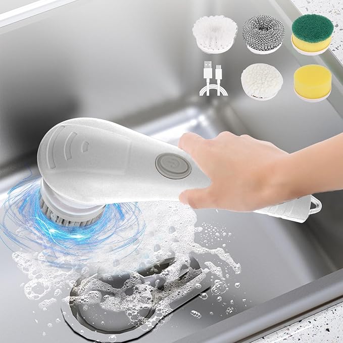 Generic Electric Rechargeable Cleaning Tools Electric Cleaning Brush for Bathroom Electric Cleaner with 5 Replaceable Shower Cleaning Brush Heads for Wall, Tile, Bathtub, Window, White