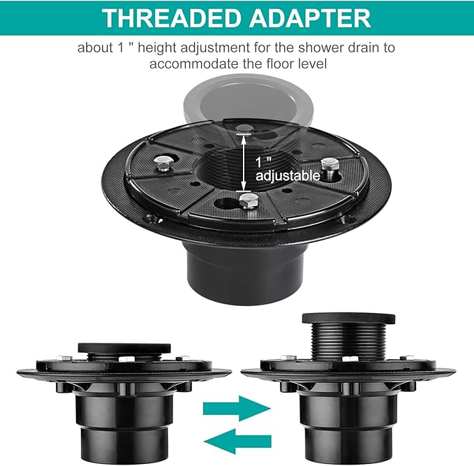 Shower Drain Base Flange Kit ABS Base, 2 inch Adjustable Thread Adapter with Rubber Gasket for No Hub Linear & Square Drain Installation