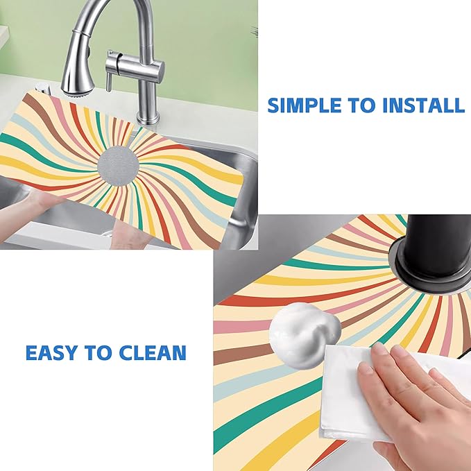 Groovy Retro Swirl Kitchen Sink Splash Guard Mat Absorbent Fast Drying Mat Faucet Draining Mat Sink Splash Guard Behind Faucet Drip Catcher for Kitchen Bathroom 5.5"×15"