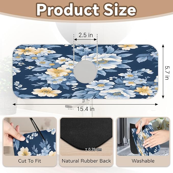 Deep Blue Floral Kitchen Faucet Mat Splash Guard, 15.4”x5.7” Absorbent Quick Drying Sink Mat for Countertop Protection, Draining Mat Sink Protectors For Kitchen Bathroom, 2 Pack