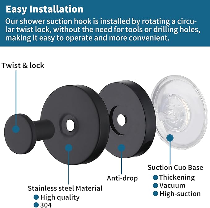 Suction Cup Hooks for Shower 2 Pack Stainless Steel No Drill Removable Waterproof Rustproof for Bathroom Kitchen Glass Mirror Tile to Hang Towels Robes Loofah Wreath (Matte Black)