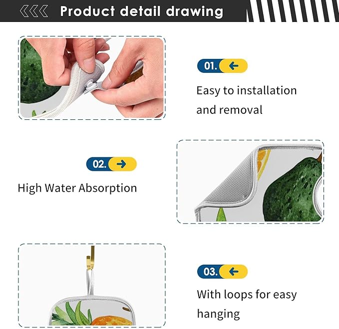 Sink Faucet Absorbing Mat Kitchen Sink Splash Guard Splash Faucet Drip Catcher for Bar RV Bathroom 2PCS 23.6x5.5in Cartoon Green Avocados Pineapples