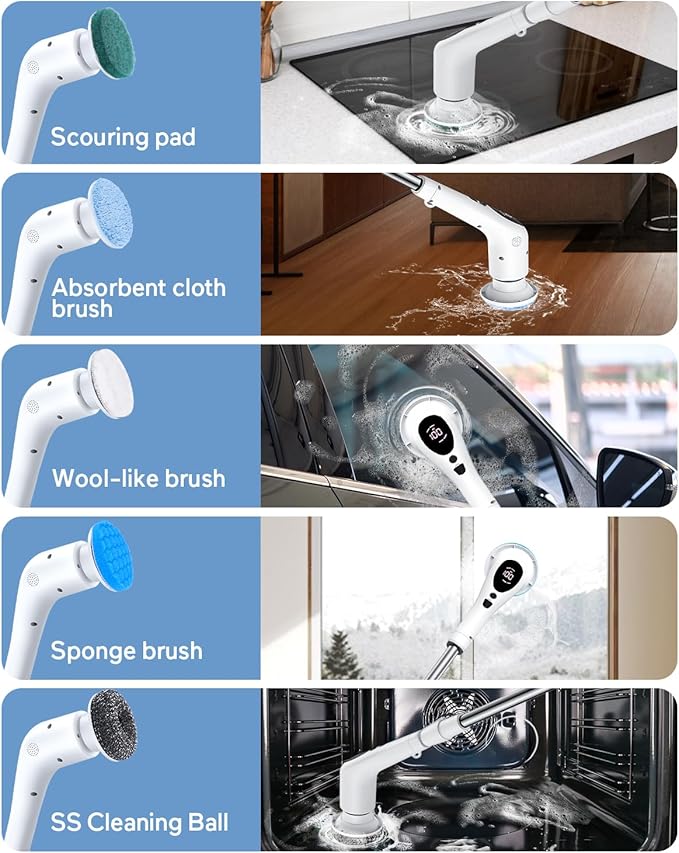 Electric Spin Scrubber, Cordless Voice Prompt Cleaning Brush with 9 Replaceable Brush Heads, 3 Adjustable Speeds Shower Scrubber with Extension Long Handle for Bathroom Floor Tile