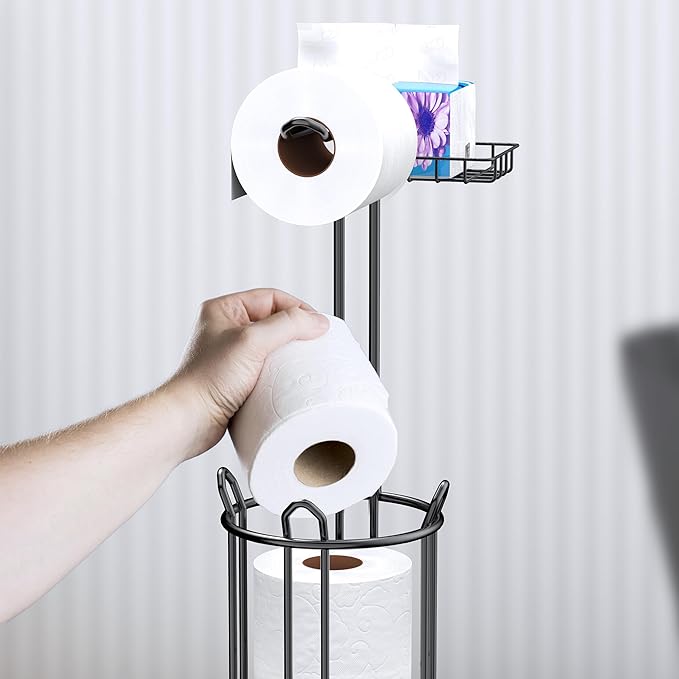 Meangood Toilet Paper Holder Stand with Shelf, Dispenser for 4 Mega Rolls, Bathroom Free Standing Tissue Roll Storage Holder Rack, Metal Wire Black