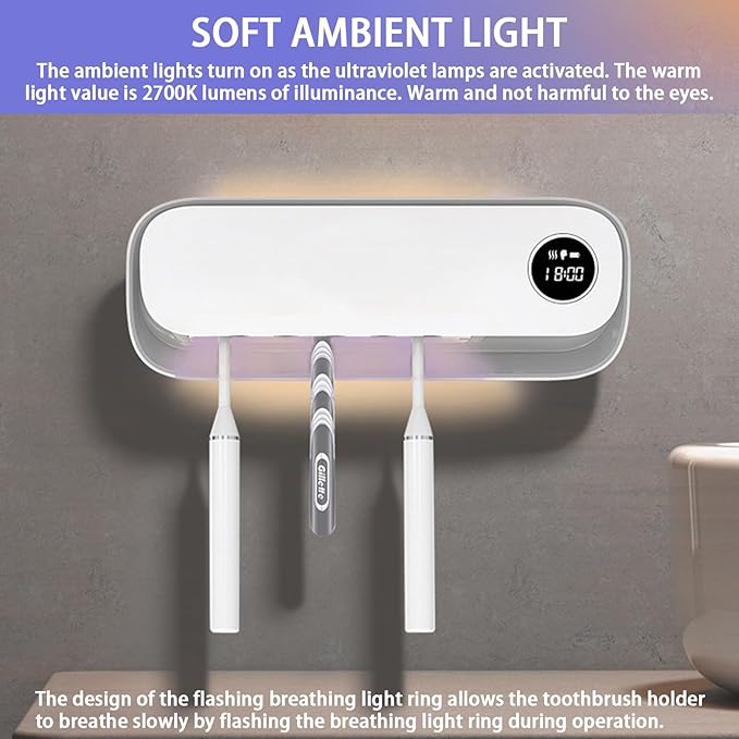 Toothbrush Holder for Bathroom, Smart Toothbrush Holder with Cleaning/Drying/Timing, 5 Toothbrush Slots Wall Mounted Toothbrush Holders with Night Light, Cleaning Case with Replaceable Slot (White)