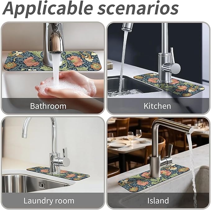 Kitchen Sink Splash Guard，Floral and leaf Faucet Mat Sink Gadgets-Super Absorbent Fast Drying Mat Drip Catcher for Kitchen, Bathroom,Sink Mat, Dish Drying Mat, Bathroom(15" X 5.5" )