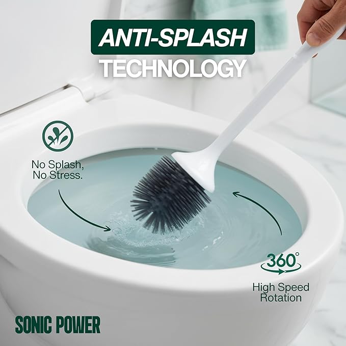 Electric Toilet Brush & Scrubber – Self Cleaning Silicone Toilet Bowl Brush with UVC Light, Rechargeable Wireless Spinning Toilet Brush & Holder Set, Wall Mount or Floor Standing (Pack of 1)