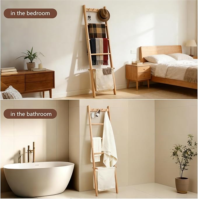 Beech Wood Blanket Ladder, 5.3ft Natural Farmhouse Quilt Holder with Top Hooks, 4-Bar Decorative Throw Rack, Towel Shelf for Living Room, Bedroom, Small Space Storage (Natural Cloth Bag)