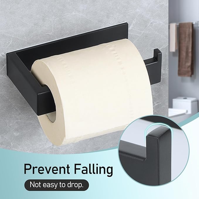SAYAYO Self Adhesive Toilet Paper Holder Wall Mount, Modern Matte Black Stick on Toilet Paper Roll Holder for Bathroom Square, SUS304 Stainless Steel
