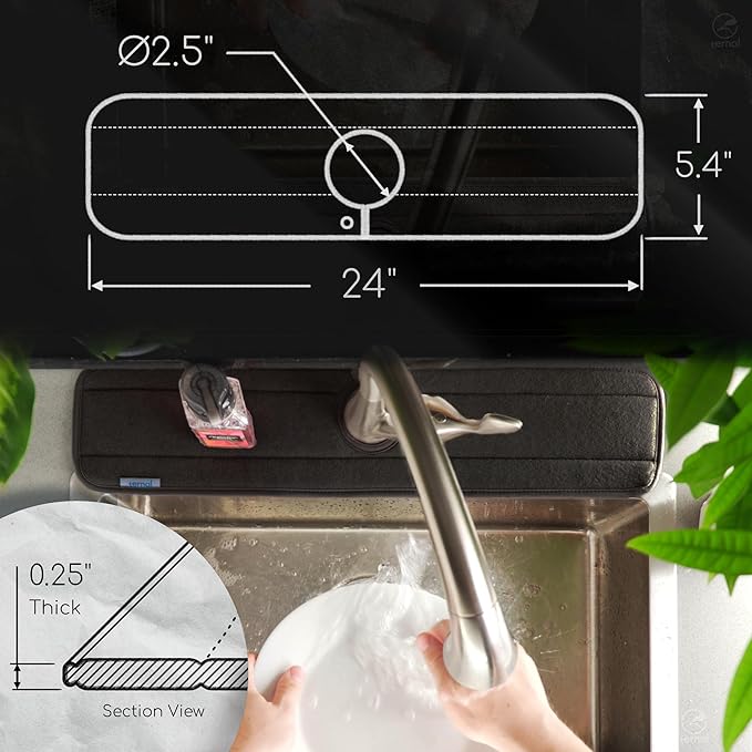 Ternal Sinkmat for Kitchen Faucet, Original Design, Absorbent Microfiber Fabric, Machine Washable Splash Guard & Drip Catcher For Around Faucet Handle [Black Bundle, 24",15" & 9"]