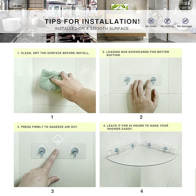 Acrylic Corner Shelves, 2 Pack Adhesive Shower Caddy Organizer for Tile Walls, Wall Mounted Clear Bathroom Shelves for Inside Shower & Kitchen Storage