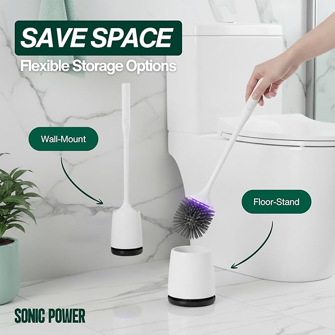Electric Toilet Brush & Scrubber – Self Cleaning Silicone Toilet Bowl Brush with UVC Light, Rechargeable Wireless Spinning Toilet Brush & Holder Set, Wall Mount or Floor Standing (2 Pack)