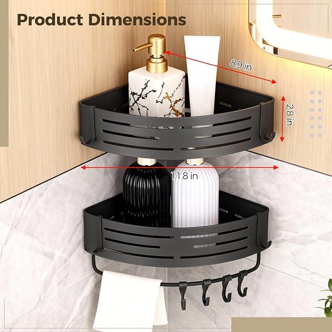2 Pcs Corner Shower Caddy, No Drilling Aluminum Organizer, Triangular Bathroom Shelves with Towel Bar & Hooks, Rustproof Wall Mount Space-Saving for Shower & Kitchen