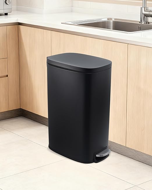 3.2 Gallon / 12 Liter Trash Can Stainless Steel Garbage Can with Removable Inner Bucket for Offices, Hands-Free Kitchen Step Trash Can for Kitchen & Bathroom, Black
